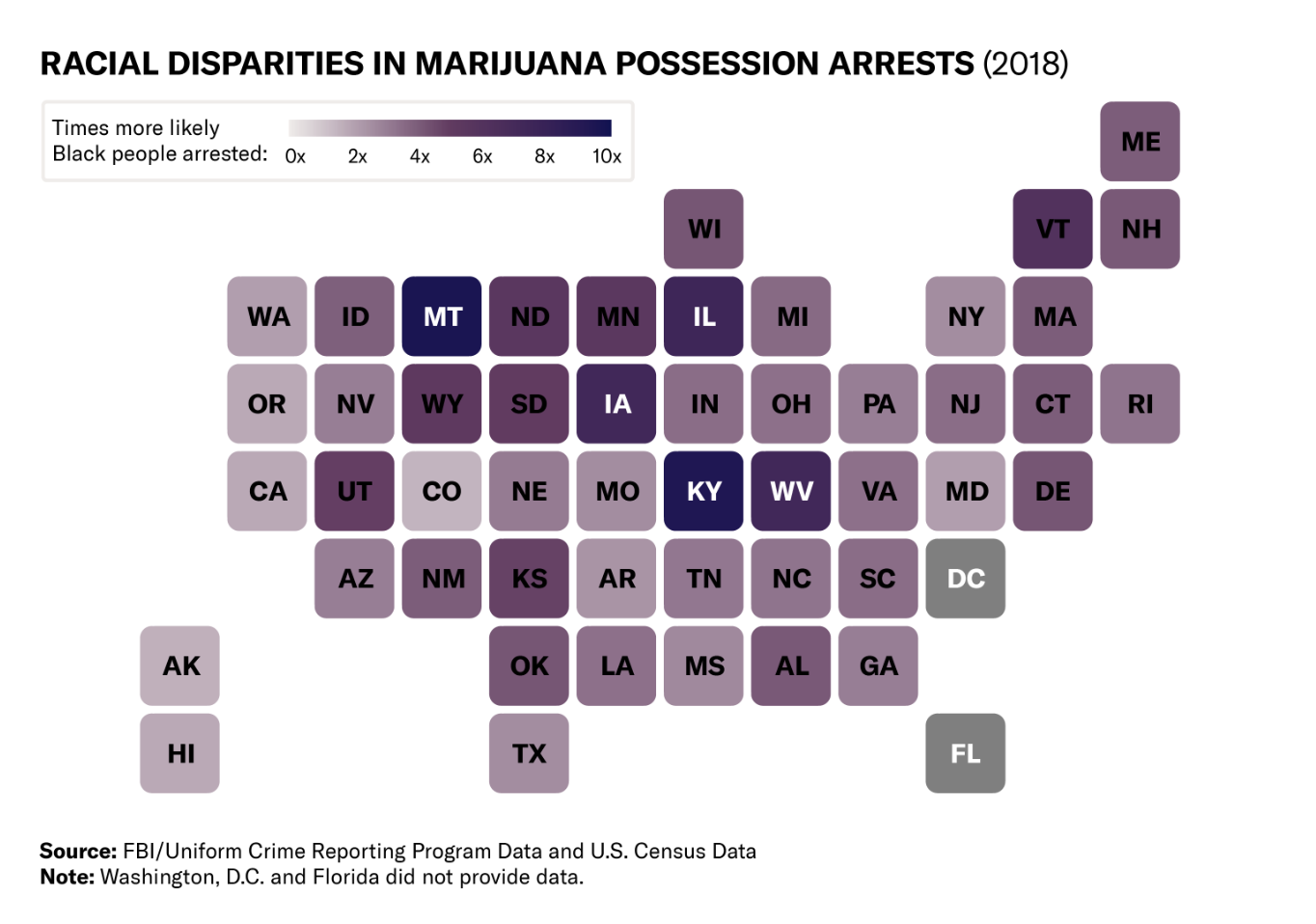 A map showing racial disparities in marijuana possession arrests.